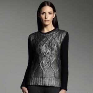 Narciso Rodriguez Black Cotton Silver Painted Cable Knit Sweater - Large